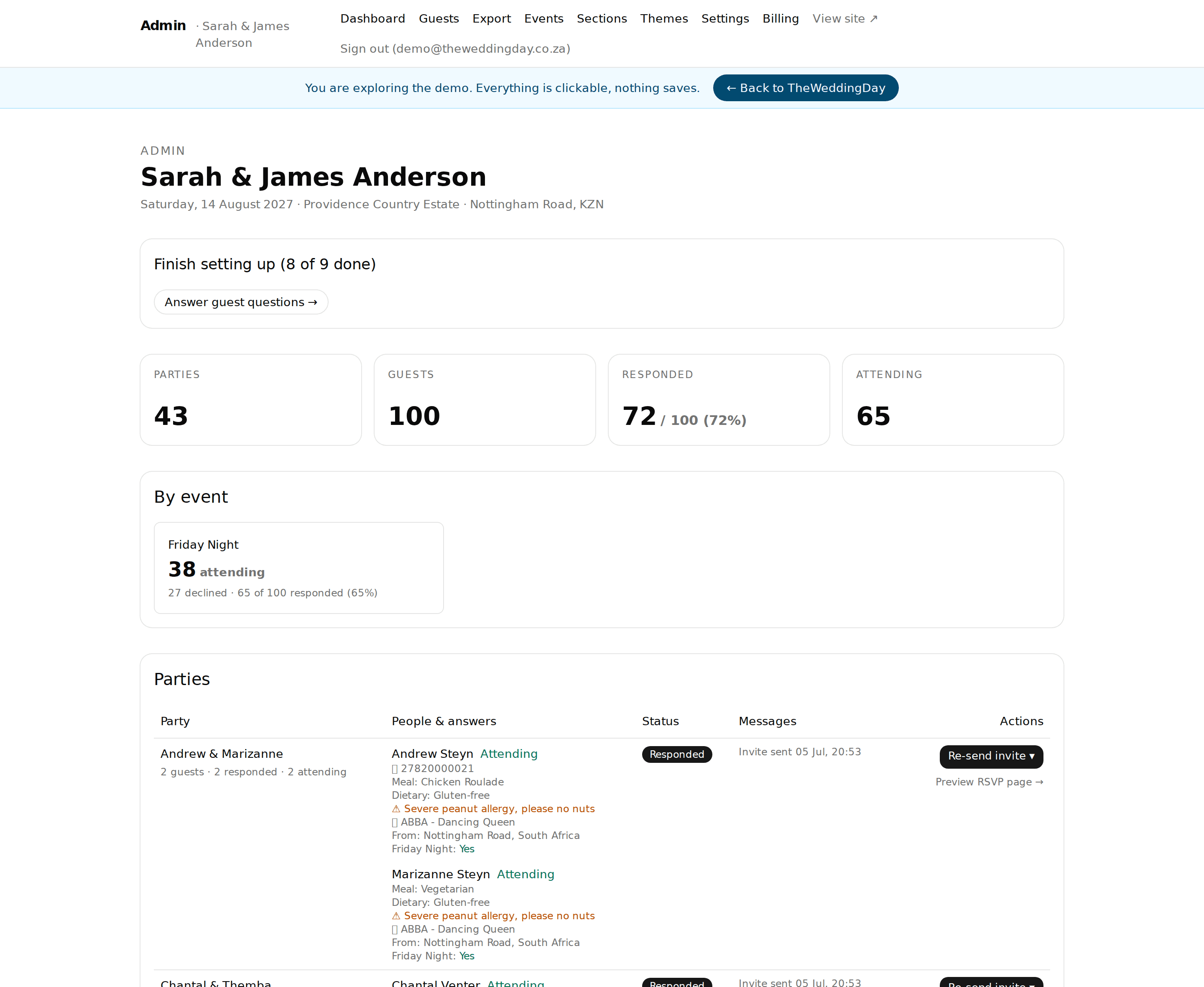 The guest dashboard: RSVP totals and every guest's answers
