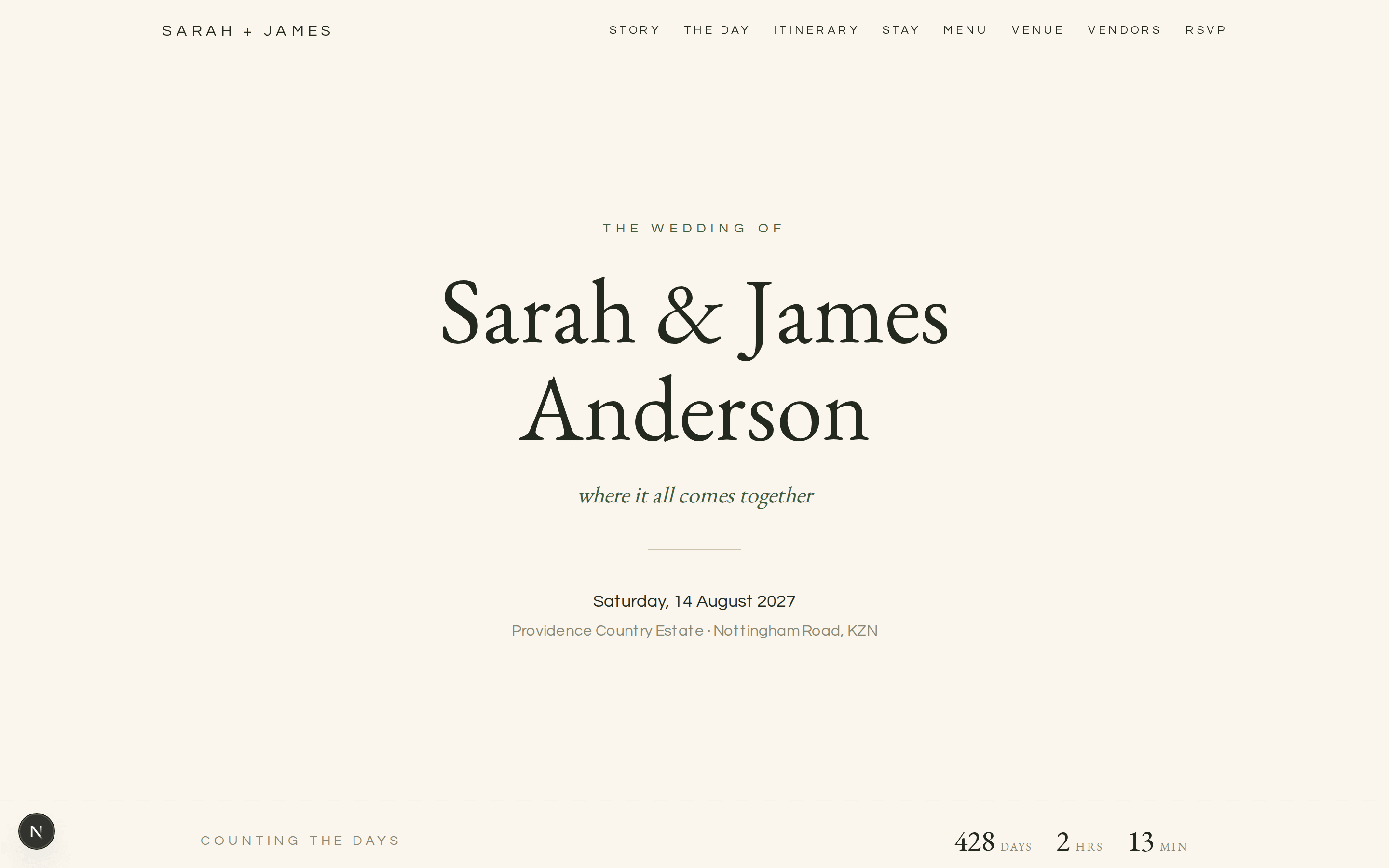A wedding website home page